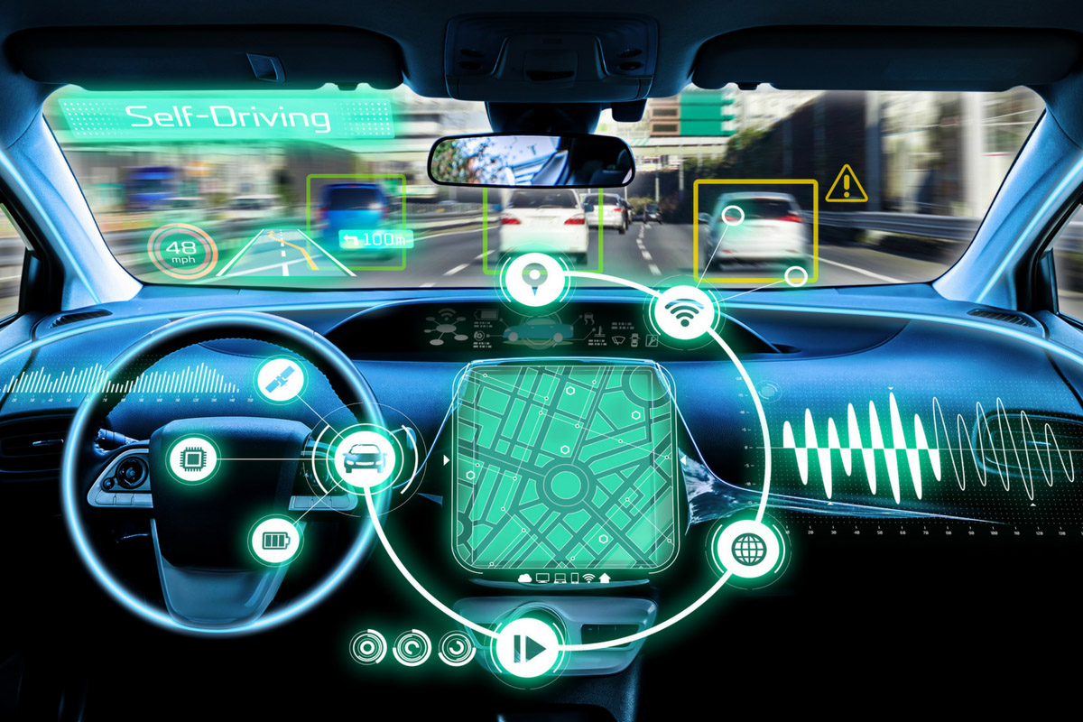 First person view from the front seat of a self-driving car with many augmented reality elements on display.