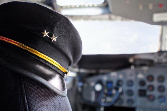 Aviator hat resting on the pilots seat in an airplane.